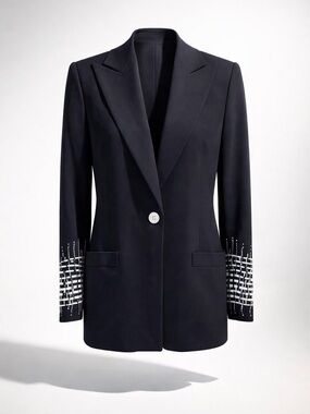 Escada Single-Button Blazer, Embroidered Accent Cuffs, black/white, 34/2, EUC